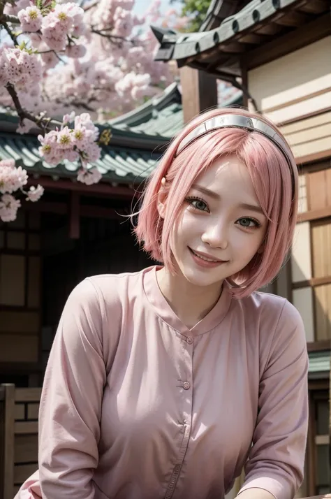 Sakura, feminine, beautiful,  jovial, smiling, pink hair, Red shirt, Japanese sanctuary background,  perfect,  high quality,  Intricate details 