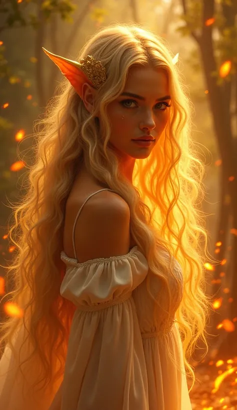 a woman with long blonde hair and a ring on her finger, charlie bowater and artgeem, glowing gold embers, 🎀 🧟 🍓 🧚, discord profile picture, the forest is on fire, golden taurus, pink shadows, gold wings, anthony avon, appears as the fire goddess, instagram...