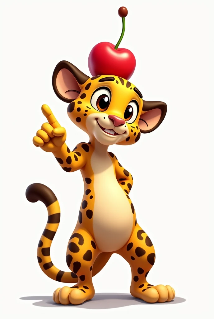 Animated young leopard  ,  pointing and wearing a cherry on the back