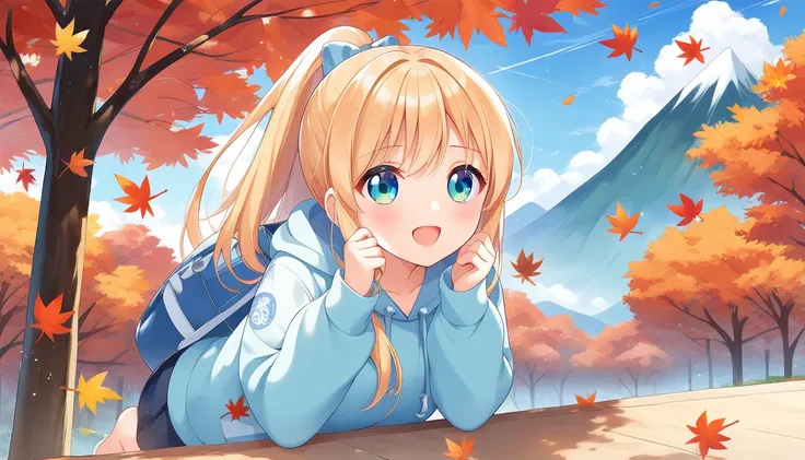  close-up of a girl sitting on the ground with a chair in the background,  cute girl anime visual ,  splash art anime  , maAlso kitagawa fanart,   Anime Moe Art Style , cute anime wife wearing hoodie,   anime best girl  , Also, Blonde long hair、Blue Eyes A...