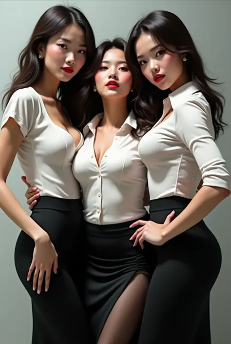 3 Busty Asian girls wear white shirts and long black skirts with red thick lips