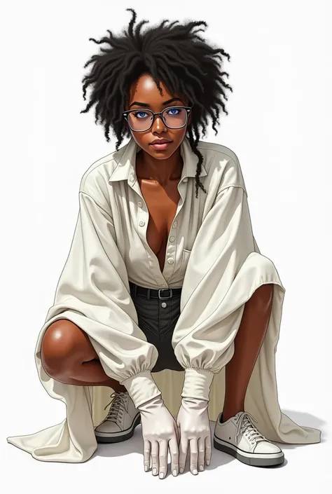   A dark-skinned woman She is crouched , is using,  her wearing clear glasses ,  long white silk shirt with white button , transparent wet ,  with blue eyes,  wearing white gloves , Ela is using   tem as duas mãos levantadas segurando uma manga. In the oth...