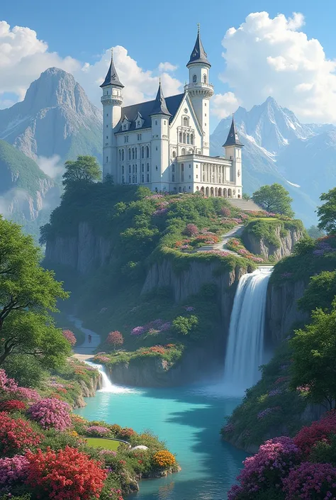  I want the image of a White Castle surrounded by beautiful gardens covered with all kinds of flowers and the castle is on top of a mountain, This mountain is surrounded by many others that have a waterfall ,  there is a lake in the Castle Gardens that has...