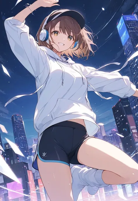 Anime Style,1 woman dancing, wearing a hat, brown hair, short bob, blowing in the wind , dark eyes,Sparkling Eyes,Sparkling Eyesのハイライト ストリートダンサーの衣装, wear a sports bra, Wear a White Hoodie , headphones, loose socks,sweat, best smile,A moment of youth, Empha...