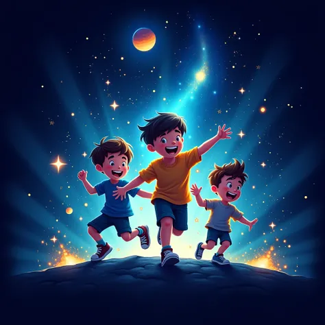 "Design an eye-catching and vibrant logo for a s channel. Use a very dark blue galaxy background, filled with glowing, twinkling stars, and subtle nebula effects to create a magical atmosphere. In the foreground, depict a group of young boys joyfully playi...