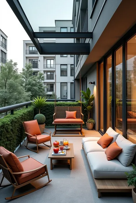 Design of a balcony with a size of 3 meters by 3 meters for an apartment of 100 meters on the third floor is an apartment complex and  balcony from the interior of the apartment in a modern and minimalist style with movable glass ceiling and swing chair  a...