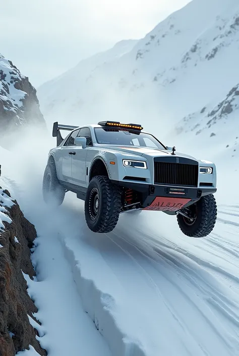 An ultra realistic shot of a Rolls Royce sweptail in a snowy rally version jumping off a cliff at high speed 