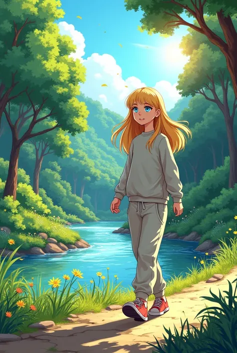 IMAGE STYLE MANGA: une grande fille de 14 ans blonde comme Laure et aux yeux bleus brillants pendant une belle journée dété. Elle est habillée avec un jogging et un pull et fais une balade en forêt près dune rivière magnifique