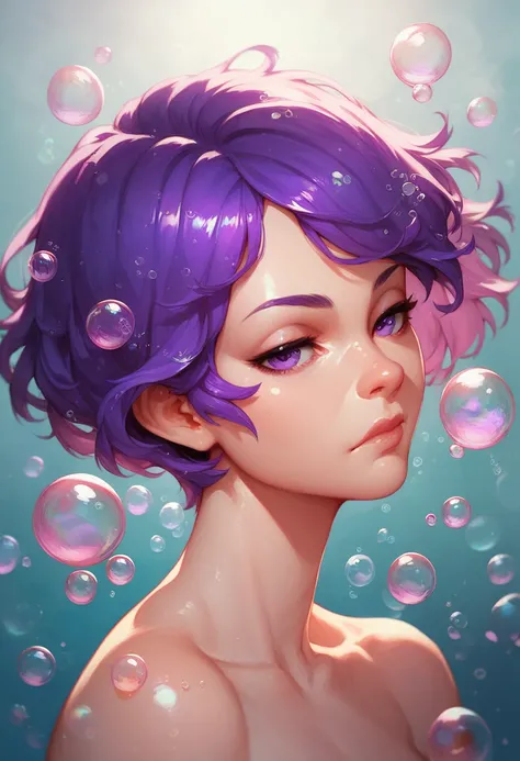 solo, 1girl, purple eyes, purple hair, bubble, looking at viewer, portrait, half-closed eyes, short hair, closed mouth,shiny bubbles,bubbles, colour shining in bubble, reflective bubbles,bubbles ,bubbles all around, turning into bubble