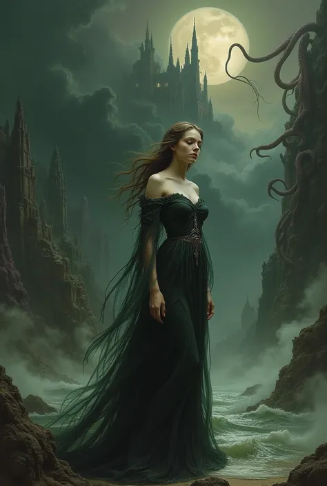 Create a haunting, otherworldly masterpiece painting in the style of Raphael, featuring a beautiful, ethereal woman whose appearance is both mesmerizing and terrifying. Her long, flowing hair is a mix of dark tendrils and writhing, snake-like forms, hintin...