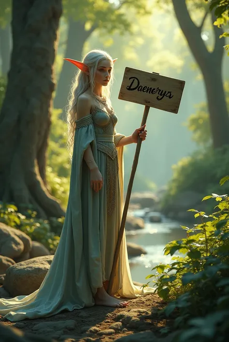 Elf holding a sign in his hand with the first name Daenerys 