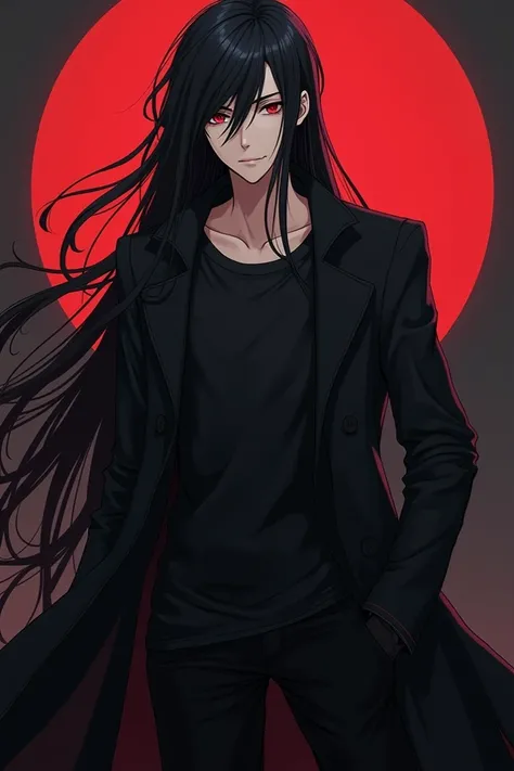 Vampire man, 27 years old, Ojos rojos,  black cabello,  long hair  peinado de lado,  long hair , black trench coat,  black t-shirt ,  anime style 