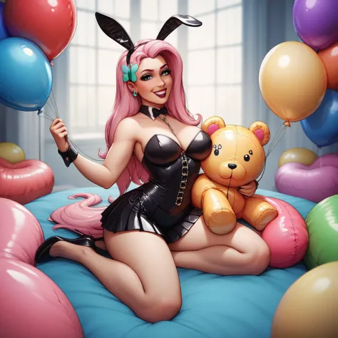 Humans, BDSM, balloon fetish, inflatables, looner, mistress and inflatable pooltoy slave, femdom beautiful gentle mistress dominatrix mlpfluttershy in latex summer bouffant pleated dress, teasing and stepping at her slave, medium thighs, medium breasts, ha...