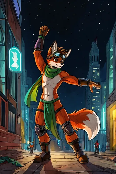 no lighting deep shadows ,   Masterpiece ,  High Quality , hi res, Alone,  teen furry,  Wore a Furry ,  teenager , Red fox,  spiked brown hair is only on the head,  color,  Brown Eyes , goggles, green waist cloth , Green scarf, Elbow pads, Knee pads,   Mas...