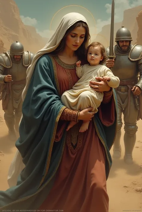 Mother Mary carrying baby jesus and soldier tries to attack using a sword