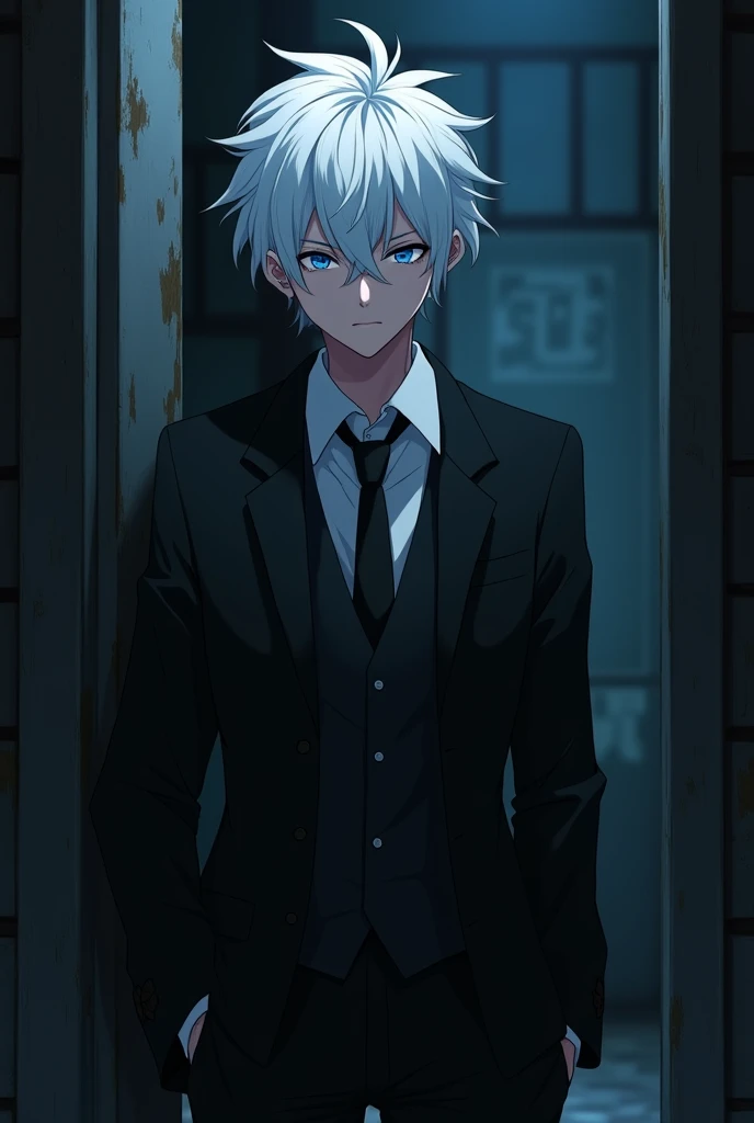 Aged 17, looks like a teenager, handsome, in hogwarts school, white hair, light blue eyes in a dark corner, face looks arrogant, wearing a black suit resembling a killer, anime style.