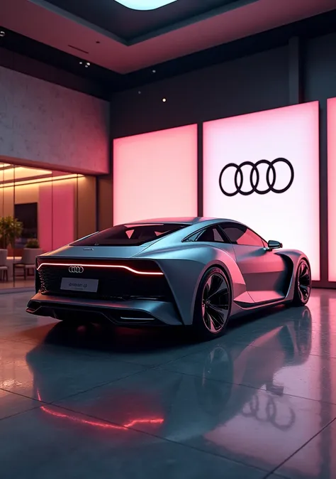 Generate a pic of 2025 audi e-tron gt standing in a luxury showroom in back view. The logo of audi display on a big LED