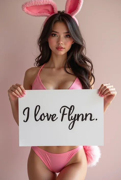  A beautiful girl with wavy,  long hair and a sexy bunny girl outfit holds a white S with the inscription "I love Flynn  "  and shows it to the viewer .