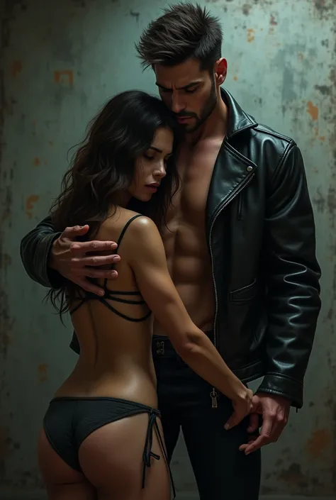 Leather jacket shirtless man punishing woman