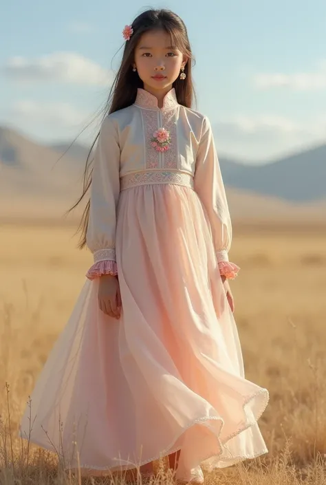 New design of a simple dress for a school project in Mongolia ,very beautiful teen idol, ３ year old girls、Mongolian steppe、