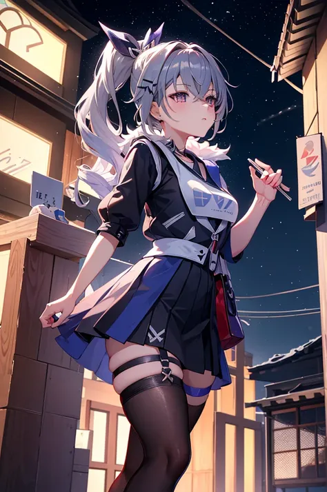 a cute solo femboy , silverwolf ,SilverWolfV5, red eyes, yellow eyes, side ponytail, x hair ornament,wearing a japan sailor school uniform ,black pantyhose ,wearing a sneaker, standing in front of a house at winter night time.