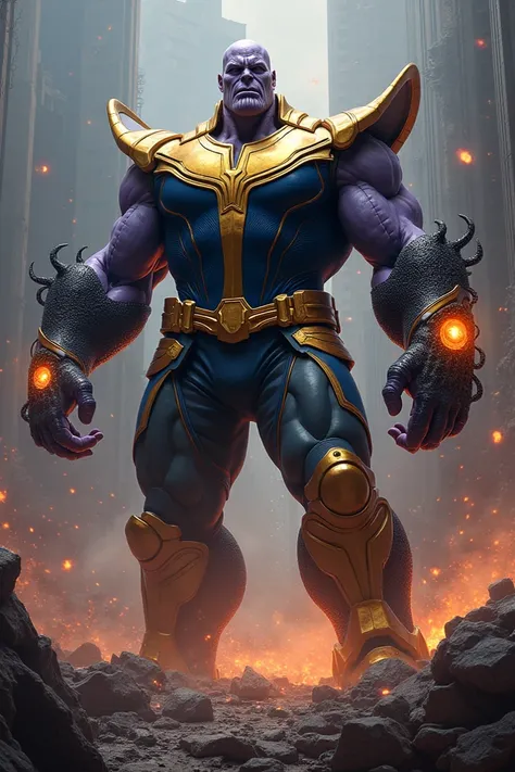 A hybrid creature embodying the raw power of Thanos and the terrifying symbiosis of Venom. The creature’s body is a mix of Thanos’ iconic golden armor fused with Venom’s organic, flowing texture, making it look like the armor is alive. Its face features Th...