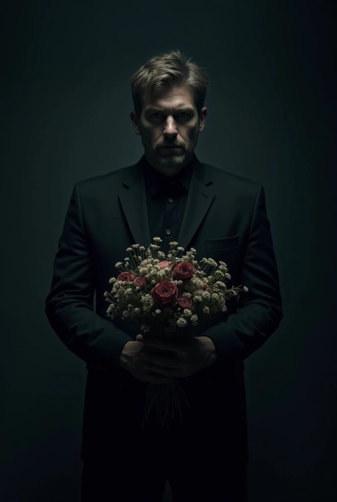 Dark photo of a man standing with a bouquet 