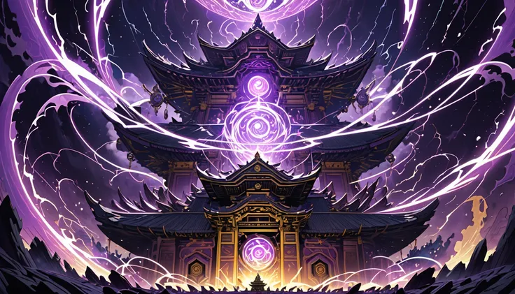 A grand, ancient sky temple floating above the clouds, its golden spires glowing faintly under a stormy purple sky. Lightning arcs illuminate the swirling magical vortex at the temples center. Around the vortex stand five chibi-style Japanese anime charact...