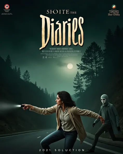 A dramatic and high-stakes Bollywood movie poster featuring the emotional and gripping moment of a young detectives girlfriend being napped. The background is a misty, desolate road in Shimla, flanked by dark pine trees and shadowy hills under a moonlit ni...