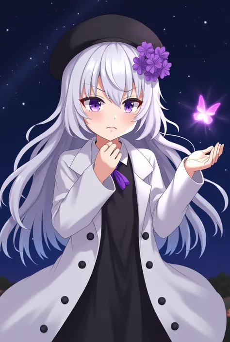 1girl, solo, very young, flat chest, purple eyes, white hair, long hair, black dress, white coat, black beret, serious expression, angry expression, purple flower, hair ornament, short, french braid, night sky, glowing purple butterfly, star in her hands, ...