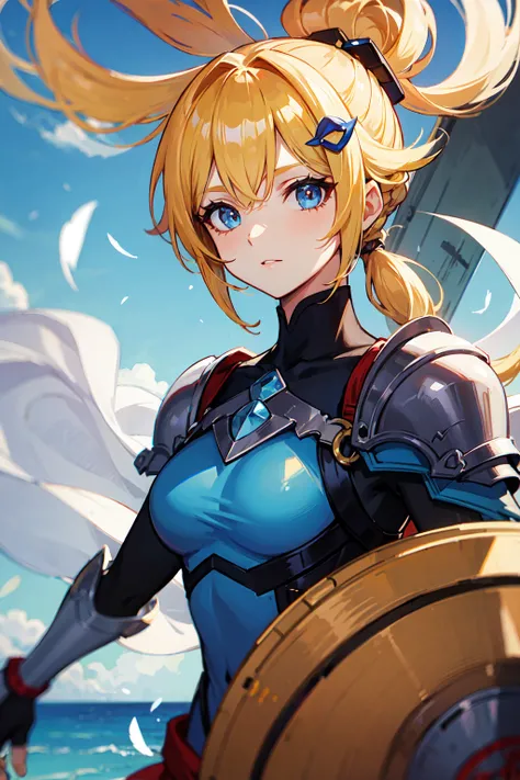 1girl,blurt out,coda,ocean, masterpiece 、 yellow hair、  ponytail 、Feather hair ornament、Kind eyes、 clear blue eyes 、Blue Armor、Western Sword、The Lion Shield 、 man probably does、White Feather、whole body

