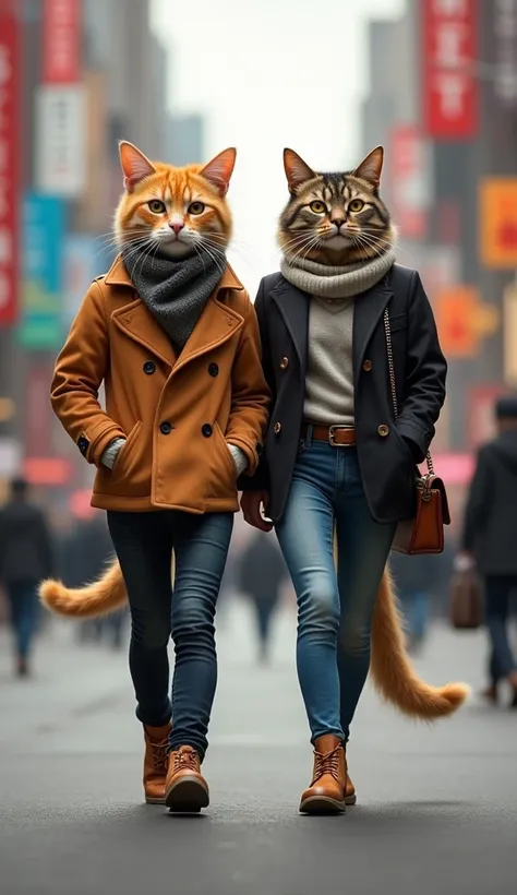 "A fashionable anthropomorphic cat couple, dressed in trendy casual outfits, confidently walking in a vibrant city with a blurred urban backdrop."