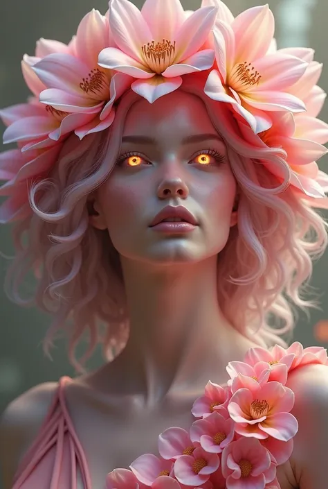 Goddess of the flowers, Flora, glowing eyes, head to breast, silicone cybernetics. High Resolution, Masterpiece, Award Winning, Best Quality, High Details, High Quality, UHD, Optical Illusion, Impressionism, Art Deco, Cinematic, Cinematography, Futurism, H...