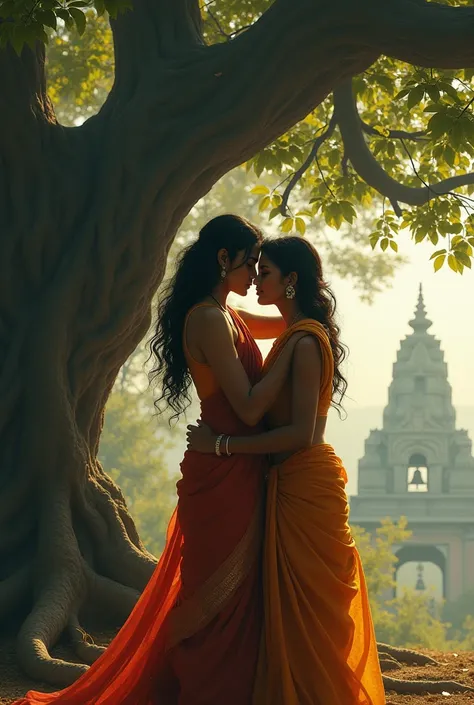 Beneath the ancient banyan tree, Layla in traditional saree pulls Arin into her arms, her tears falling like rain, as the sound of temple bells in the distance echoes in the air. The sacred energy of the moment fills the space around them, grounding them i...