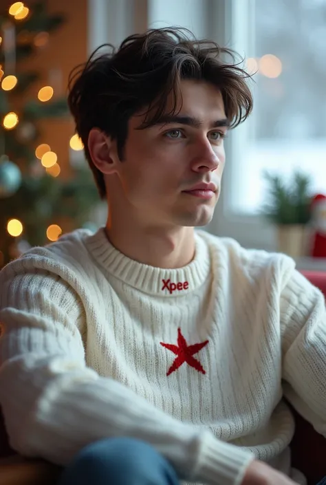 photorealism: 1.2), Handsome man,Eropa  man ,face young man,face shape v,sitting in the living room, snowy atmosphere snow, beautiful eyebrows,small sharp nose, sweet peach lips, wearing a Christmas sweater simpel white small red desain,fringe up hair ,hai...