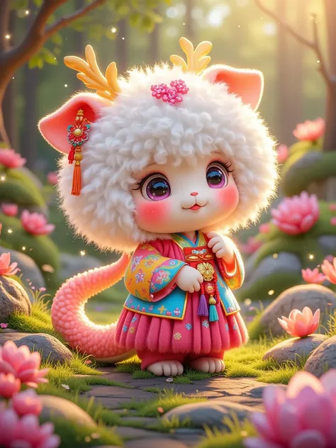 Cute Q version, Little Snake， Wearing brightly colored fluffy mini Hanfu ，Fluffy design，Comes with a Little Snake ornament