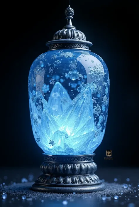 Blue crystal Chinese lantern with ice crystals inside, family crest, fairy wings, white frame, black background.

