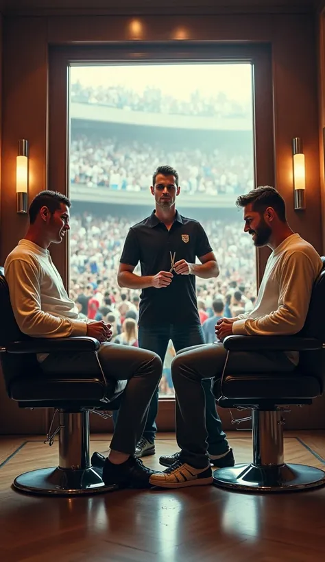 high-end barber shop with Cristiano Ronaldo sitting in one chair, smirking confidently, and Lionel Messi in the other, looking amused. The barber, a young man with a nervous expression, holds a pair of scissors while staring at both legends. A crowd of fan...