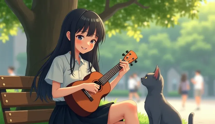 A 20-year-old Thai university student with braces, wearing a neatly pressed white blouse and black skirt with a belt, sitting on a wooden bench under a large tree on campus. Her long black hair flows naturally as she plays a ukulele with a contented smile....