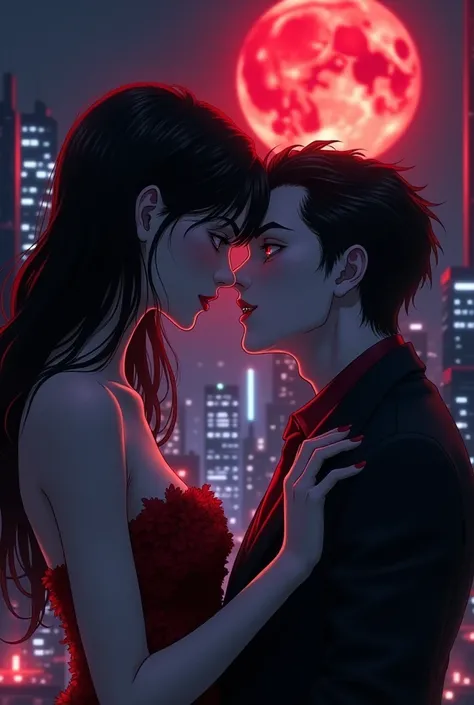 an anime one vampire and a normal was about to kiss with a background of  red blood moon in night city 