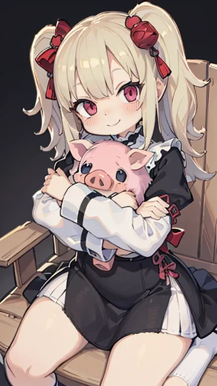 8k⒉5D Anime Japan Character Style 1 cute  in a white Gothic dress with a big ruby eye that fits into a round face, smiling and sitting in a big wooden chair with her favorite stuffed pig in her arms