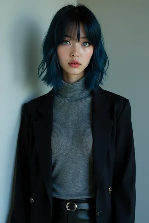 A mixed Japanese and German girl who has medium indigo hair with sea blue eyes.
a slender body with almond eyes and long eyelashes, thin pink lips. for clothes she wears a gray turtleneck with a long black jacket and also black pants