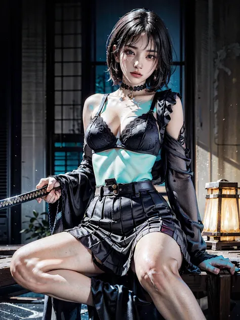 Create an ultra-detailed 8k manga illustration of a young battoujutsu woman in a seductive pose against a bar. She is lying on the bar floor, her right hand lifting her skirt (skirt lift:1.5), knees bent, and her body leaning slightly forward. The pose con...