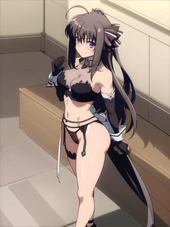 indoor, arena,
((bare shoulders)), ((black bustier)), ((black stockings)), ((black g-string)), ((black high heels)), ((black garter belt)), ((black elbow gloves)), 1girl, long hair, looking at viewer, breasts, purple eyes, seductive smile, ahoge, v-shaped ...