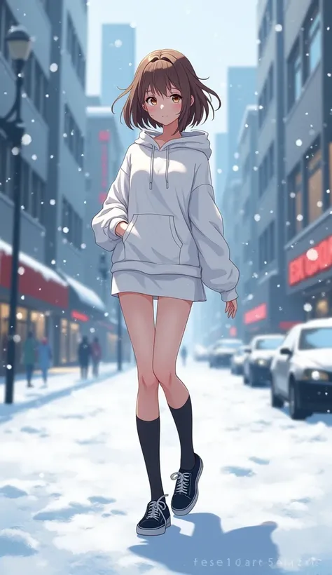 masterpiece,  best quality,  high definition ,  Very detailed,(((pretty girl with brown hair))), ((( Japanese anime))), ((( short hair ))), ((( white hoodie ))), ((( white miniskirt ))), ((( black high socks))), ((( black sneakers))), (((In a modern city )...