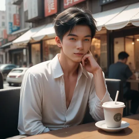  chat at an open cafe in the city,japanese boy, 19-years-old,small face,dark blue eyes, black hair,Quality clothing,(slim),(small:0.9),(perfect hand)8k,( Realistic)