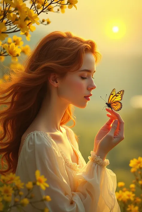  A wavy haired woman with a yellow butterfly on her fingers. With a background sun and a tiny yellow flower tree  