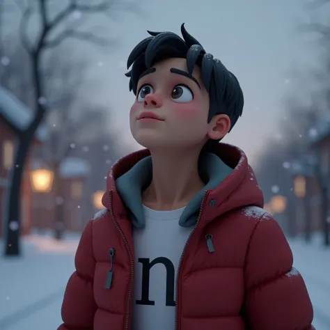 A 3D render of a heartfelt scene featuring a 17-22-year-old boy with an oval face and brown skin, gazing up at the sky with a sad yet hopeful expression. The boy has neatly styled, almost black dark brown hair. He is wearing a red winter jacket layered ove...