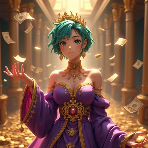 mid view side pose shot of A fortune girl with short teal hair and amber eyes, wearing a royal purple gown with gold floral patterns, stands amidst piles of money and sparkling currency in a grand palace. She joyfully holds a handful of gold coins and curr...