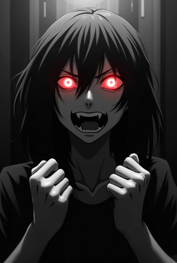 Create an image about a anime character that lost everyone and is with rage his eyes glowing red and make it black and white expect for the eyes